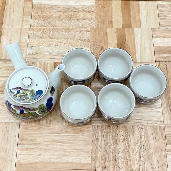 Vintage Japanese Kyusu Hand-painted Teapot Village Scene Teapot & 5 Cups Set - Picture 4 of 15